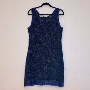 Vintage Silk Black and Blue Beaded Shift Dress - Size L